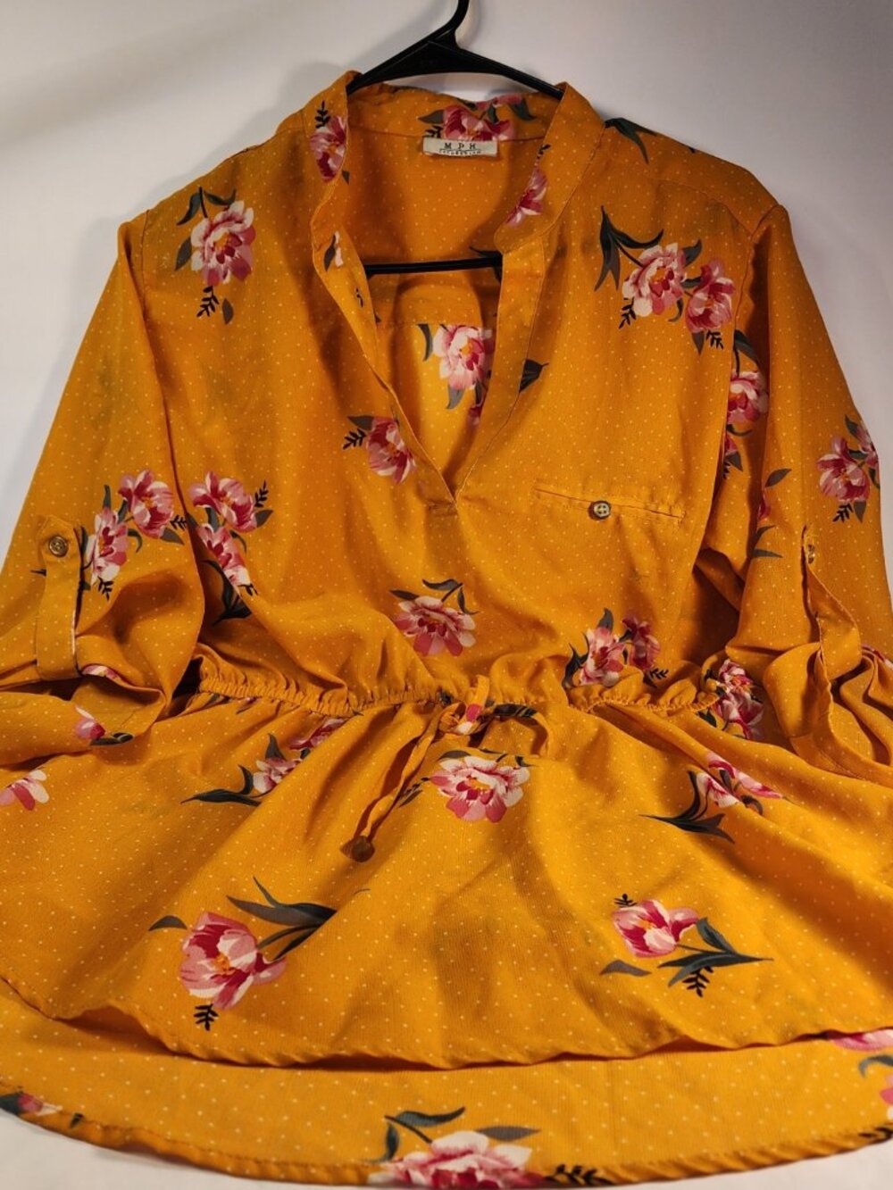 MPH Collection SIZE LARGE Yellow Tunic Blouse With Floral Print/Roll Tab Sleeve